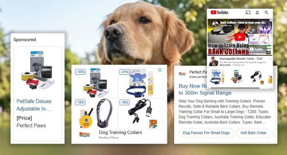 Anti-bark collar product creative alongside live Google Shopping ads.