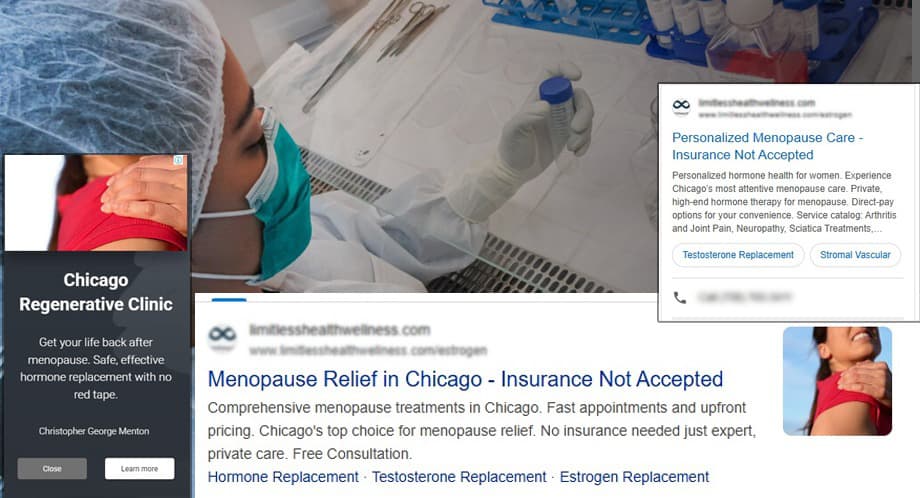 Live Google and Microsoft ads for the clinic — search results and a display creative.