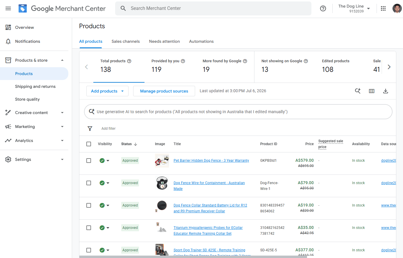 The Dog Line Google Merchant Center feed management view.