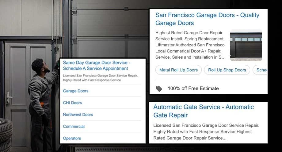 Garage door technician on site with live Google and Microsoft search ads for same-day garage door repair.